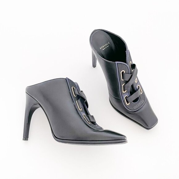 Versace Lace Up Mules EU 37 US 7 Black High Heels Square Toe Slip On Backless - Picture 1 of 13